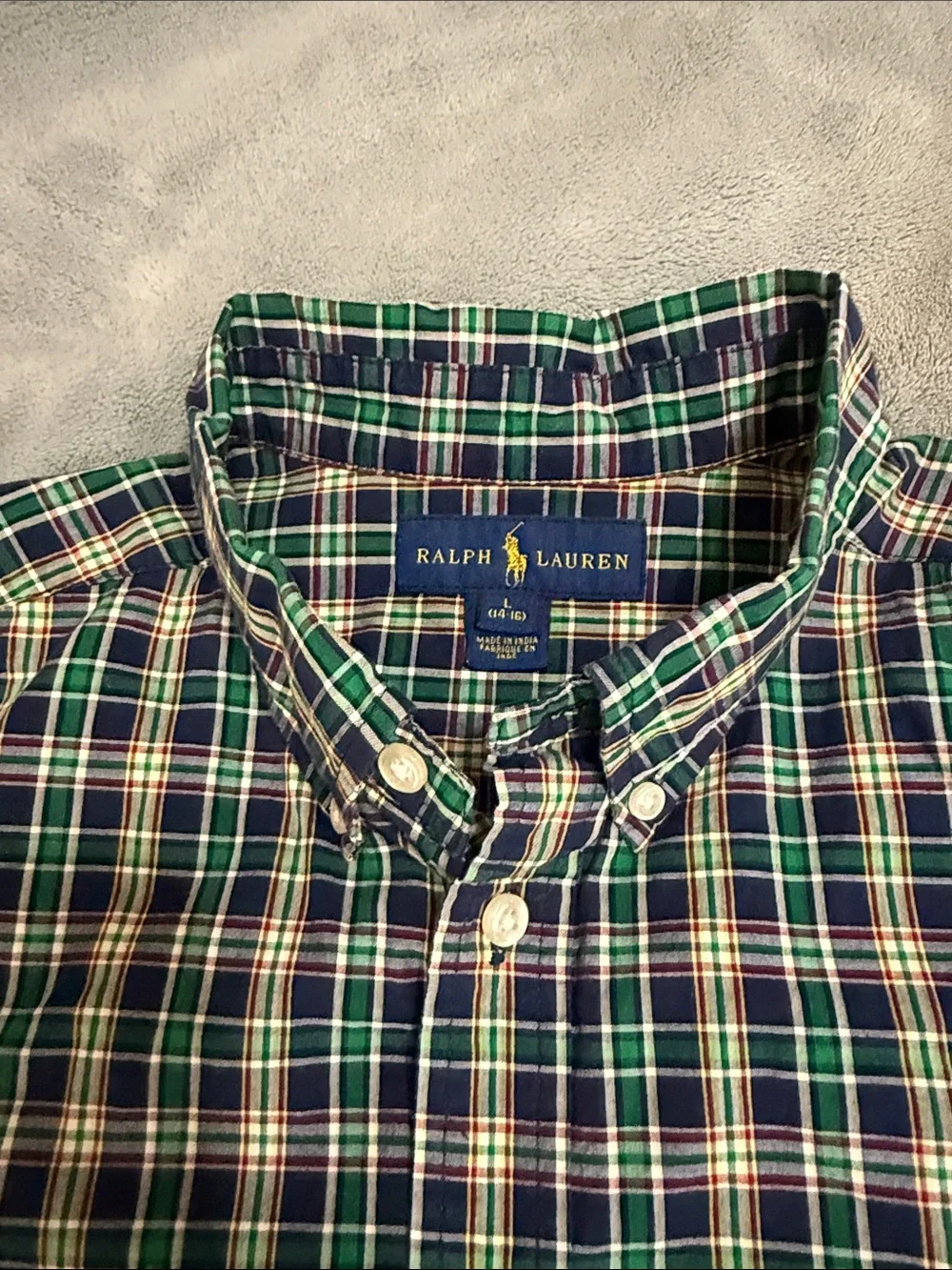 Ralph Lauren Green Navy Plaid Short-Sleeve Button-Down Shirt